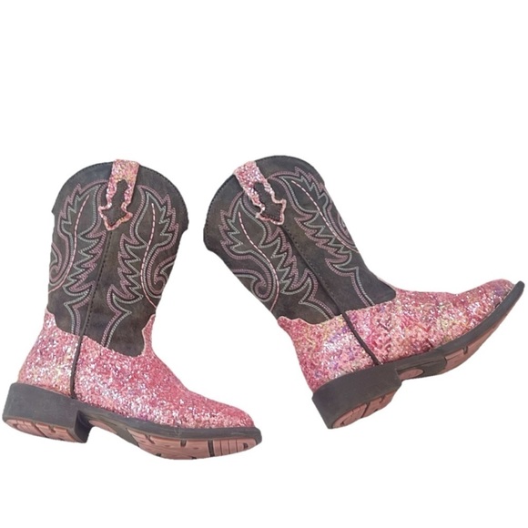 Roper Girls Southwestern Western Square Toe Pink Glitter Slip On Boots Size 12 - Picture 1 of 12